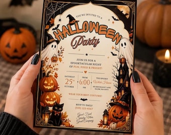 May include: A rectangular Halloween party invitation card featuring a cream background with orange and black text. Illustrations include ghosts, jack-o'-lanterns, a black cat, a haunted house, and bats. The text reads: You're invited to a Halloween Party.