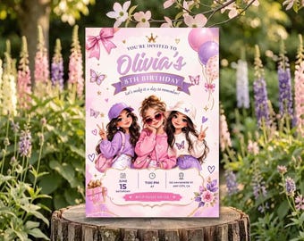 Könnte beinhalten: Eine rechteckige Geburtstagseinladungskarte mit drei illustrierten Figuren in rosa und lila Outfits, umgeben von Schmetterlingen, Luftballons und einer Schleife. Der Text lautet: You're invited to Olivia's 8th Birthday, Let's make it a day to remember!