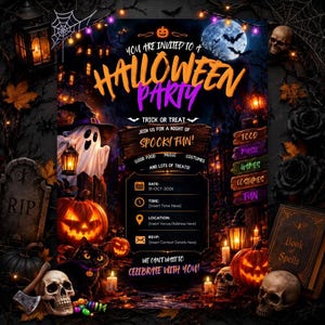May include: A Halloween party invitation flyer featuring a ghost, jack-o'-lanterns, skulls, and a black cat. The text reads: You are invited to a Halloween party, Trick or Treat, Join us for a night of spooky fun, Good food, music, costumes, and lots of treats.