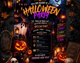Könnte beinhalten: Ein Halloween-Party-Einladungsflyer mit einem Geist, Kürbissen, Totenköpfen und einer schwarzen Katze. Der Text lautet: You are invited to a Halloween party, Trick or Treat, Join us for a night of spooky fun, Good food, music, costumes, and lots of treats.