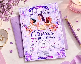 Könnte beinhalten: Eine rechteckige Geburtstagseinladungskarte in Violetttönen mit drei illustrierten Figuren, einer Torte und Sternengrafiken. Der Text lautet: We invited you to celebration, Olivia's 7th Birthday, Wednesday, November 25, 09:00 PM, Green Huntrix Hall.