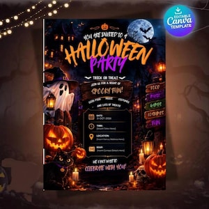 May include: A Halloween party invitation template featuring a ghost in a hat, a black cat, jack-o'-lanterns, and a full moon. The text reads: You are invited to a Halloween party, trick or treat, join us for a night of spooky fun, and more.