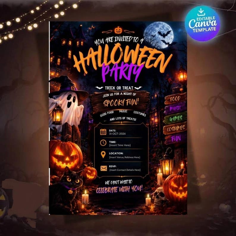 May include: A Halloween party invitation template featuring a ghost in a hat, a black cat, jack-o'-lanterns, and a full moon. The text reads: You are invited to a Halloween party, trick or treat, join us for a night of spooky fun, and more.