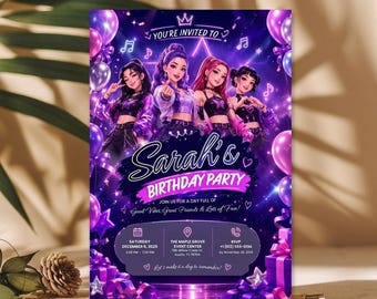 May include: A birthday party invitation card featuring four animated characters in purple and black outfits against a dark purple neon background with balloons, stars, and music notes. The text reads Sarah's BIRTHDAY PARTY, Saturday December 6, 2025, The Maple Grove Event Center, and RSVP +1 (512) 555-0134.