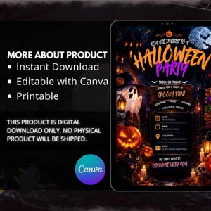 May include: A digital Halloween party invitation template displayed on a tablet screen. The design features a ghost, a jack-o'-lantern, a black cat, and a full moon. Text includes YOU ARE INVITED TO A HALLOWEEN PARTY, TRICK OR TREAT, and SPOOKY FUN.