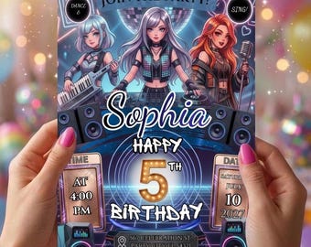 Könnte beinhalten: Eine rechteckige Geburtstagseinladung mit drei Anime-Figuren, einer Discokugel und Lautsprechern. Der Text enthält JOIN THE PARTY, Sophia, HAPPY 5TH BIRTHDAY, AT 4:00 PM, SATURDAY JULY 10 2027 sowie 567 CELEBRATION ST, PARTY CITY, FL 54321.