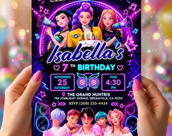 May include: A birthday party invitation card featuring neon purple and blue graphics, three figures with megaphones, and five figures below. Text includes: CELEBRATE WITH US!, Isabella's 7TH BIRTHDAY, NOVEMBER 25 SATURDAY, 4:30 PM, THE GRAND HUNTRIX, 789 STARLIGHT AVENUE, DREAMVILLE, CA 90221, RSVP (308) 333-4434.