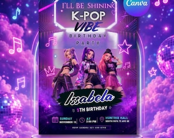Könnte beinhalten: Ein digitaler Einladungsflyer für eine Geburtstagsparty mit drei stilisierten Figuren in lila und pinkfarbenen Outfits. Der Text lautet: I'll Be Shining K-Pop Vibe Birthday Party, Issabela 5th Birthday, Sunday November 15 at 3:00 PM, Huntrix Hall.