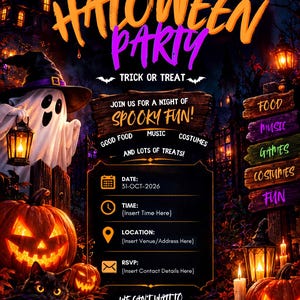 May include: A Halloween party invitation flyer featuring a ghost in a witch hat, jack-o'-lanterns, and a black cat. The text reads: You are invited to a Halloween party, trick or treat, join us for a night of spooky fun, good food, music, costumes, and lots of treats, date 31-OCT-2026, time, location, RSVP, and we can't wait to celebrate with you.