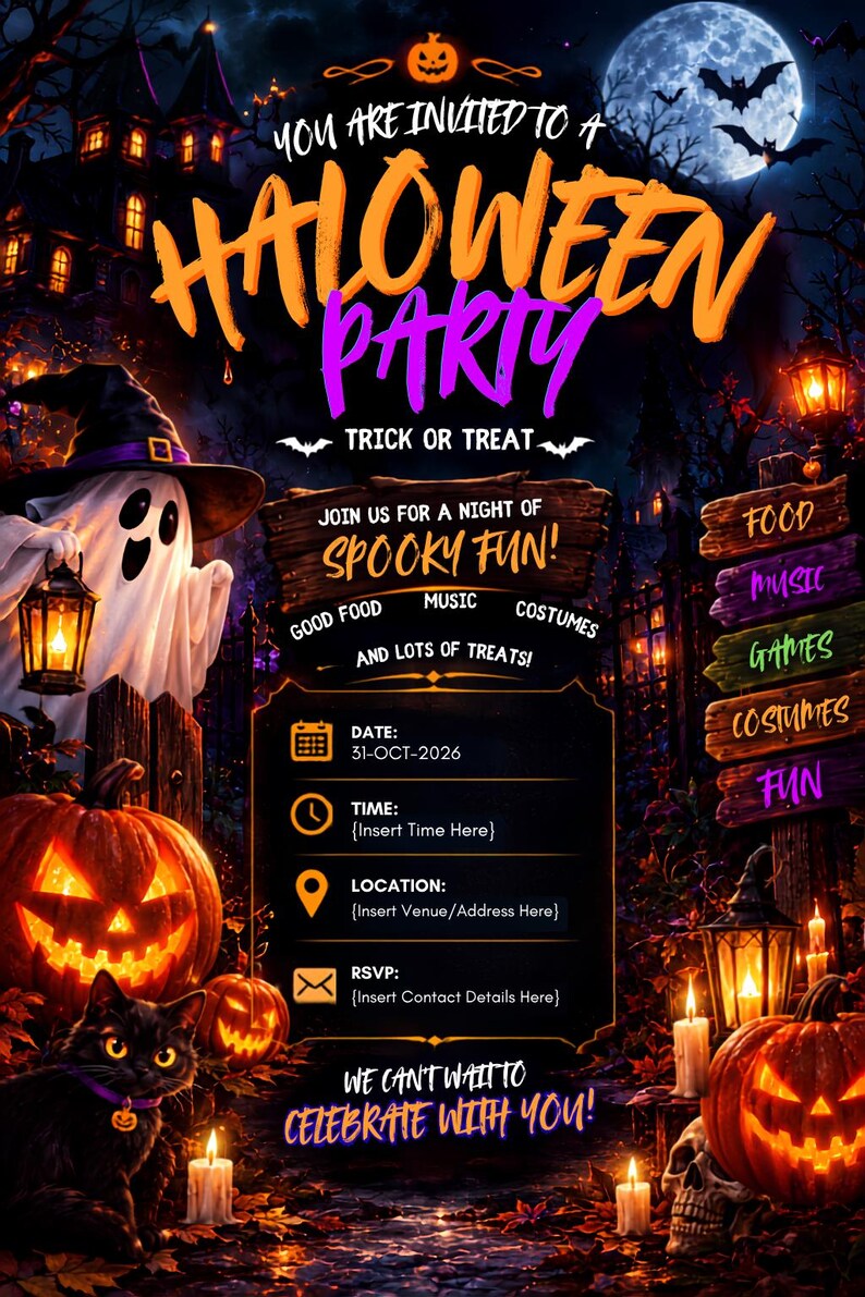 May include: A Halloween party invitation flyer featuring a ghost in a witch hat, jack-o'-lanterns, and a black cat. The text reads: You are invited to a Halloween party, trick or treat, join us for a night of spooky fun, good food, music, costumes, and lots of treats, date 31-OCT-2026, time, location, RSVP, and we can't wait to celebrate with you.