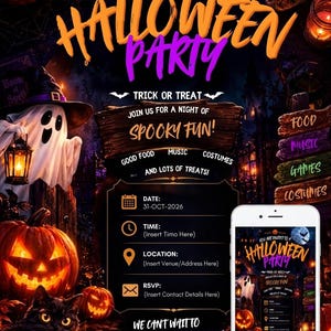 May include: A Halloween party invitation flyer featuring a ghost, jack-o'-lanterns, and a black cat. The text reads: You are invited to a Halloween party, Trick or Treat, Join us for a night of spooky fun, Good food, Music, Costumes, and lots of treats.