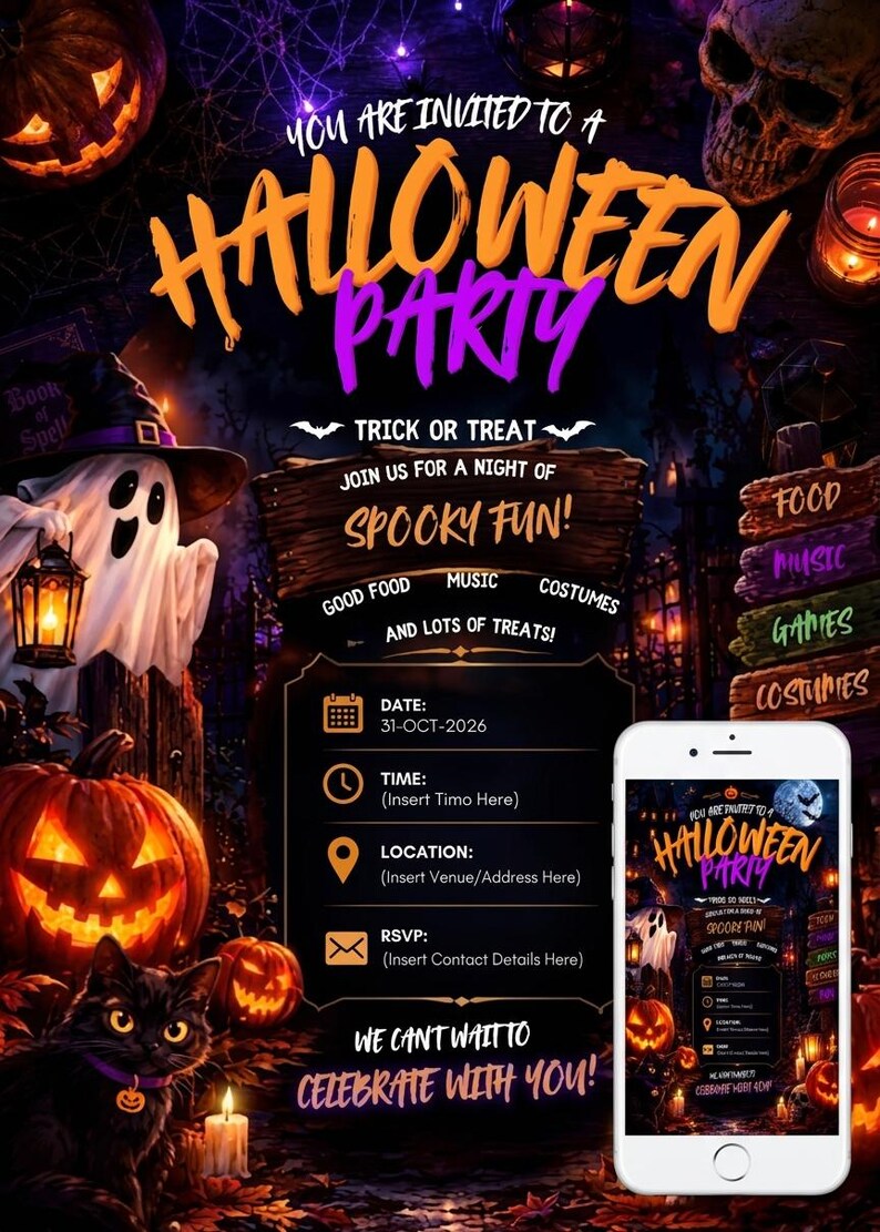 May include: A Halloween party invitation flyer featuring a ghost, jack-o'-lanterns, and a black cat. The text reads: You are invited to a Halloween party, Trick or Treat, Join us for a night of spooky fun, Good food, Music, Costumes, and lots of treats.
