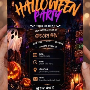 May include: A Halloween party invitation flyer featuring a ghost in a witch hat, jack-o'-lanterns, a black cat, and a skull. The text reads: You are invited to a Halloween Party, Trick or Treat, Join us for a night of spooky fun, Date: 31-OCT-2026.