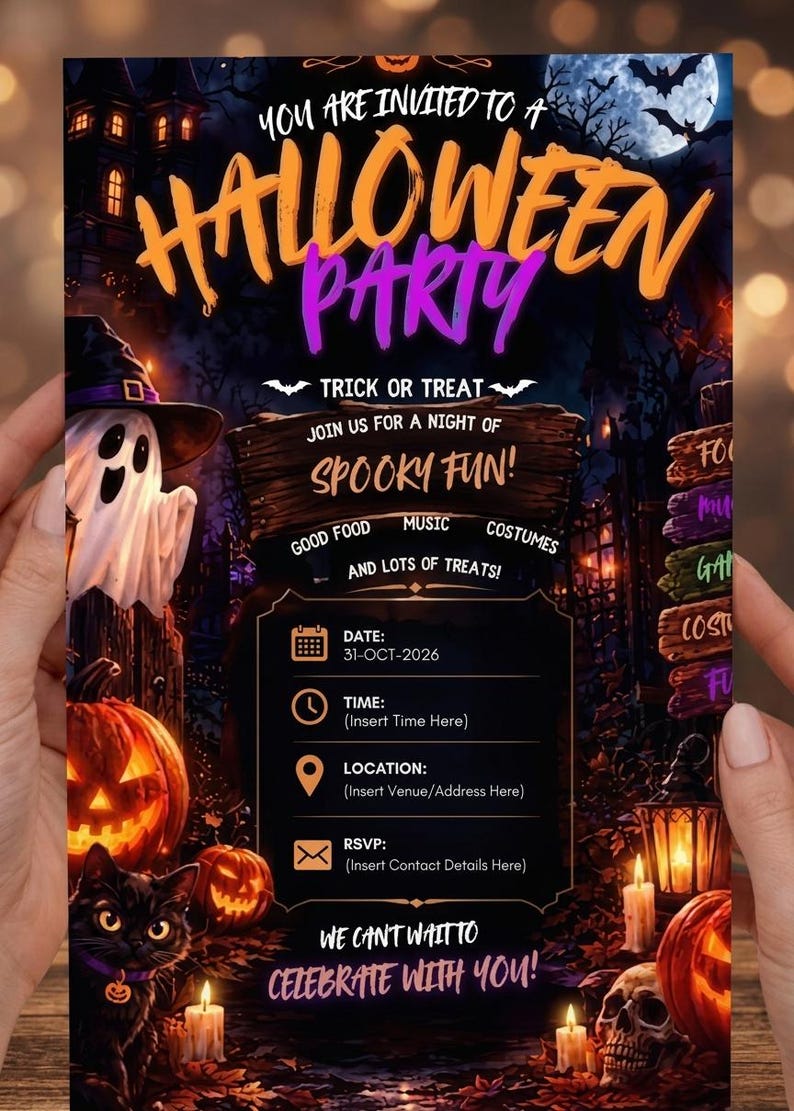 May include: A Halloween party invitation flyer featuring a ghost in a witch hat, jack-o'-lanterns, a black cat, and a skull. The text reads: You are invited to a Halloween Party, Trick or Treat, Join us for a night of spooky fun, Date: 31-OCT-2026.