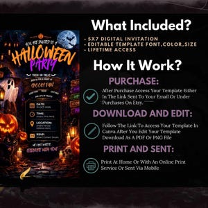 May include: A digital Halloween party invitation template featuring a spooky forest scene with a ghost, jack-o'-lantern, and black cat. The text includes 'You Are Invited To A Halloween Party' and instructions for a 5x7 digital invitation with lifetime access.