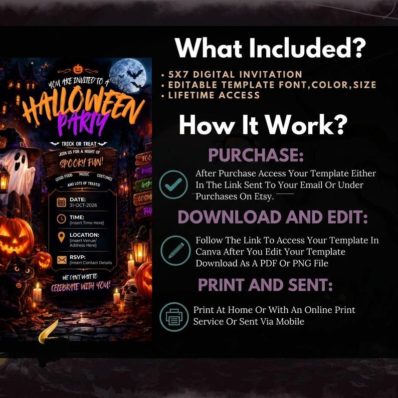 May include: A digital Halloween party invitation template featuring a spooky forest scene with a ghost, jack-o'-lantern, and black cat. The text includes 'You Are Invited To A Halloween Party' and instructions for a 5x7 digital invitation with lifetime access.