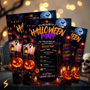 May include: A Halloween party invitation flyer featuring a haunted house, a ghost with a lantern, jack-o'-lanterns, and black cats. The text reads: You are invited to a Halloween party, trick or treat, join us for a night of spooky fun.