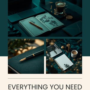 Può includere: Un quaderno di 24 pagine, matrice decisionale, banca delle risposte, prompt IA e fogli modificabili. Il testo recita EVERYTHING YOU NEED. L'immagine mostra uno spazio di lavoro scuro con un portatile, un taccuino, una penna e una tazza di caffè.