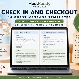 Op de afbeelding: Een laptopscherm toont 14 sjablonen voor gastenberichten voor vakantieverhuurders in Portugal, getiteld Check In and Checkout. De tekst bevat aankomstverzoeken en vertrekherinneringen in het Engels en Portugees, bewerkbaar in Word.