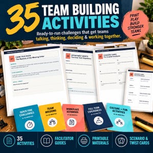 Puede incluir: Una colección de 35 actividades de trabajo en equipo con hojas de desafíos impresas, incluyendo archivos de casos, informes de departamentos y tarjetas de escenarios. El set incluye tarjetas codificadas por colores para desafíos rápidos.