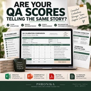 Könnte beinhalten: Ein Laptop-Bildschirm zeigt eine QA-Kalibrierungs-Vergleichstabelle mit Bewertungskriterien, Punktzahlen und Notizen. Umgebende Dokumente umfassen eine QA-Scorecard und Coaching-Unterlagen. Eine schwarze Tasse trägt die Aufschrift Better Support Brighter People.