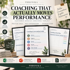 May include: A customer service coaching toolkit featuring a Coaching Conversation Guide, Coaching Feedback Template, and Coaching Action Plan. The set includes digital files, templates, and resources for team development, displayed with a green mug.