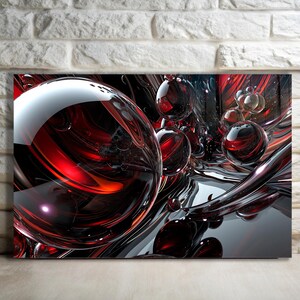 Red Chrome Orb Wall Art, Black Silver Liquid Metal Abstract, Tempered Glass Decor