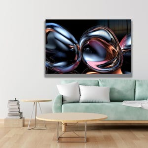 Chrome Bubble Abstract Wall Art, Silver Blue Liquid Metal Forms, Tempered Glass Decor