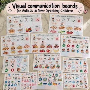 May include: A collection of visual communication boards for autistic and non-speaking children, featuring colourful illustrations and text labels for breakfast, lunch, dinner, snacks, communication, bubbles, playtime, toileting, hygiene, dressing, activities, and teeth brushing.
