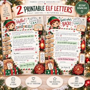 Puede incluir: Dos cartas de elfo de Navidad imprimibles con gráficos festivos, texto en rojo y verde, sellos postales del Polo Norte y sellos de cera rojos. Los diseños incluyen ilustraciones de un elfo, regalos y linternas con espacios para nombres.
