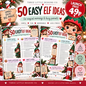 Könnte beinhalten: Ein digitales, druckbares Dokument mit dem Titel 50 Easy Elf Ideas for magical mornings and busy parents. Das zweiseitige A4-PDF enthält festliche Illustrationen von Elfen, Weihnachtsbäumen und Checklisten für Aktivitäten mit roten und grünen Akzenten.