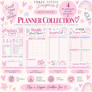 Puede incluir: Un paquete de planificadores digitales con cuatro hojas imprimibles: un rastreador de progreso semanal, un planificador de comidas, una lista de compras y un rastreador de 52 semanas. Decorado con corazones rosas, arcoíris y flores, con textos como "Small Steps Big Changes" y "Plan a Happier, Healthier You."
