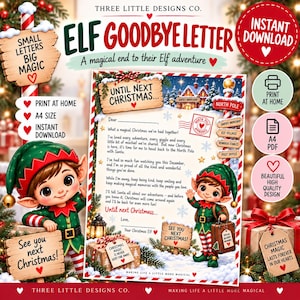 Pode incluir: Um modelo digital de carta de despedida de elfo com gráficos de Natal, dois elfos desenhados e texto incluindo 'Three Little Designs Co.', 'Elf Goodbye Letter', 'Until Next Christmas' e 'Small Letters Big Magic' para download.