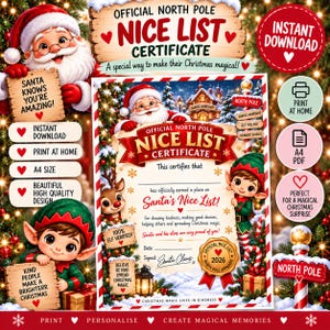 Puede incluir: Una plantilla de certificado oficial de la lista de los buenos del Polo Norte con Santa Claus y un elfo, incluyendo texto como Official North Pole Nice List Certificate, This certifies that, Santa's Nice List, 100% Elf Verified y 2026 North Pole Approved.