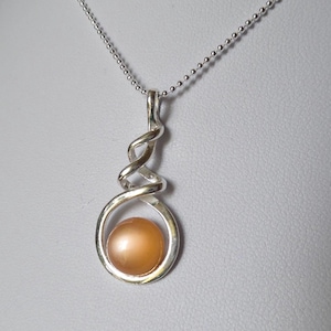 Natural Indian Pink/Orange Moonstone and Sterling Silver Twist Pendant
