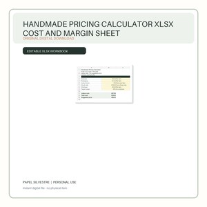 May include: A digital spreadsheet titled HANDMADE PRICING CALCULATOR XLSX COST AND MARGIN SHEET. The document features an editable XLSX workbook interface with rows for materials, packaging, labor hours, hourly rate, overhead, and target margin.