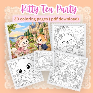 Könnte beinhalten: Eine digitale Sammlung mit dem Titel Kitty Tea Party mit 30 Malvorlagen als PDF-Download. Die Bilder zeigen verschiedene Strichzeichnungen von anthropomorphen Katzen bei Teepartys, einschließlich eines vollfarbigen Beispiels.
