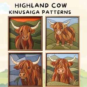 Op de afbeelding: Vier vierkante, ingelijste Kinusaiga-stofkunstwerken met Highland-koe-patronen. Elke afbeelding toont een gestructureerd, meerkleurig patchworkontwerp van een koe in een landschapsomgeving. De tekst HIGHLAND COW KINUSAIGA PATTERNS staat bovenaan.