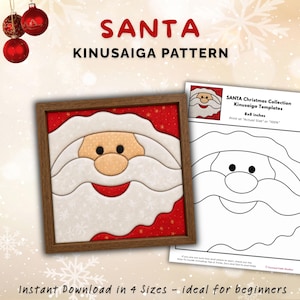 May include: A framed Kinusaiga craft project featuring a Santa Claus face with a red background, white beard, and peach skin tone. Beside it is a printed template sheet labeled SANTA Christmas Collection Kinusaiga Templates 8x8 inches.