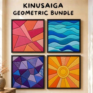 May include: Four square framed wall art pieces titled KINUSAIGA GEOMETRIC BUNDLE. The top left features pink and orange triangles. The top right shows blue wavy layers. The bottom left displays purple triangles. The bottom right depicts a yellow sun.