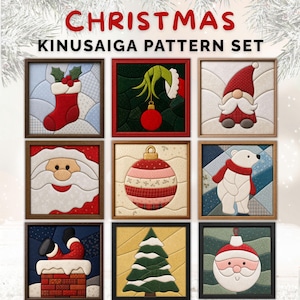 Könnte beinhalten: Eine Sammlung von neun quadratischen Kinusaiga-Mustern mit Weihnachtsmotiven, darunter ein Strumpf, eine grüne Hand mit Christbaumkugel, ein Wichtel, der Weihnachtsmann, eine Kugel, ein Eisbär, Beine im Schornstein, ein Tannenbaum und ein Gesicht.