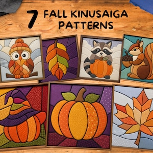 May include: Seven framed Kinusaiga patterns featuring fall-themed designs including an owl, a leaf, a raccoon with a pumpkin, a squirrel with an acorn, a witch hat on a pumpkin, a large pumpkin, and a maple leaf, all with fabric textures.