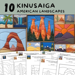 May include: A collection of 10 Kinusaiga American landscape art pieces featuring fabric-textured scenes of deserts, mountains, and forests, accompanied by printed paper templates with dimensions labeled in inches for crafting projects.