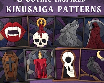 Puede incluir: Ocho patrones Kinusaiga cuadrados con imágenes góticas que incluyen labios de vampiro, una calavera con una vela, un lobo aullando, la parca, un ataúd, una vela derritiéndose, una calavera en una cerradura y un cuervo con una luna creciente.