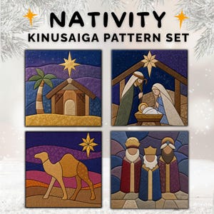 May include: A Nativity Kinusaiga pattern set featuring four square fabric art panels. The designs include a stable with a palm tree, a holy family scene, a camel in a desert landscape, and three figures in robes, all under a star.