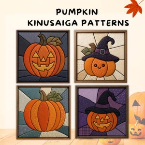 Könnte beinhalten: Vier quadratisch gerahmte Kinusaiga-Stoffkunstwerke mit Kürbismotiven. Der Text PUMPKIN KINUSAIGA PATTERNS steht darüber. Die Bilder zeigen Kürbisse und Jack-o'-Lanterns, teilweise mit Hexenhüten, gestaltet in orangefarbenen, violetten und blauen Stoffen.