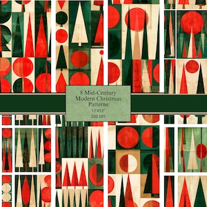Naadloze kerstpatronen in mid-century modern stijl met opvallende kleuren - digitale download