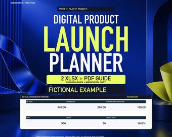デジタル製品発売＆利益計画スプレッドシート、価格計算ツール、チェックリスト、売上トラッカー、XLSXファイル