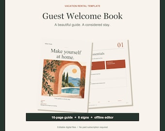 バケーションレンタル用ウェルカムブックテンプレート（オフラインエディター、入力可能なPDF、ゲストサイン6枚付き）