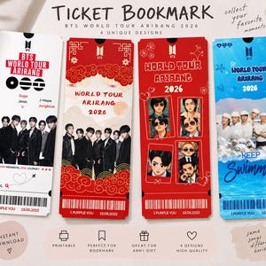 May include: Four rectangular paper bookmarks designed as BTS World Tour Arirang 2026 concert tickets. The designs feature group photos, illustrations, and text including World Tour Arirang 2026, Keep Swimming, and member names in white, red, and blue.